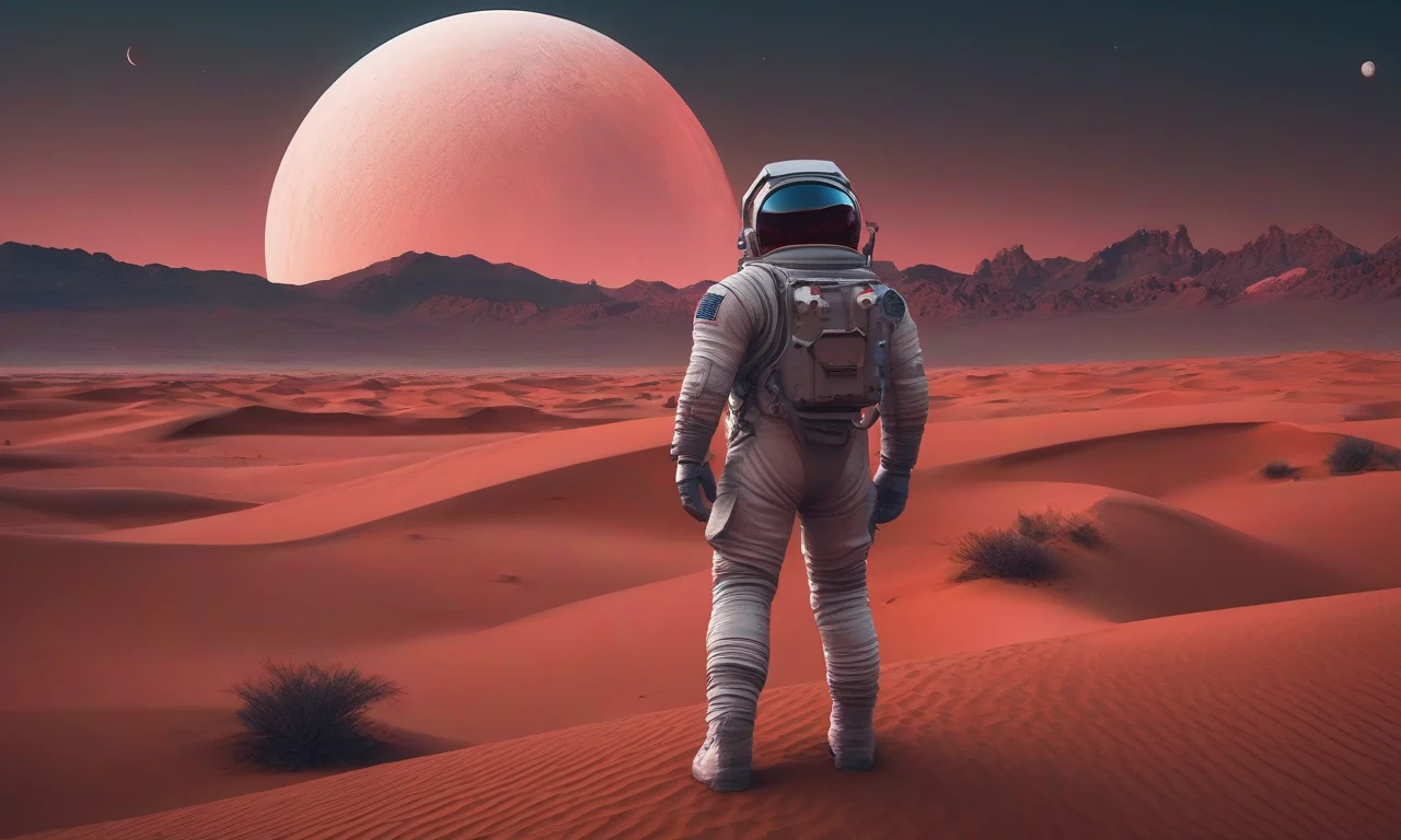 Midjourney prompt example — a lone astronaut on red desert dunes beneath a giant moon, the cinematic reference image fed to Midjourney mode