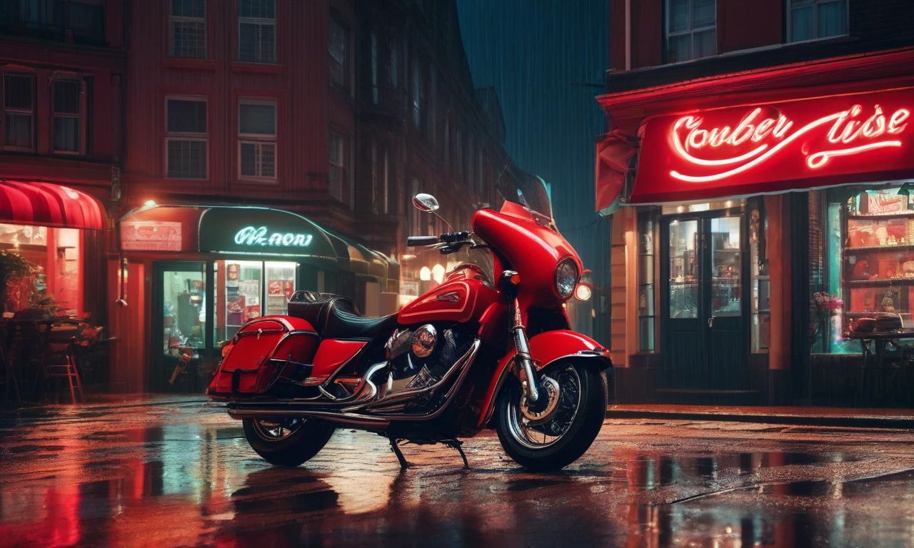 Stable Diffusion prompt example — a vintage red motorcycle at a neon diner on a wet street, the reference image fed to Stable Diffusion mode
