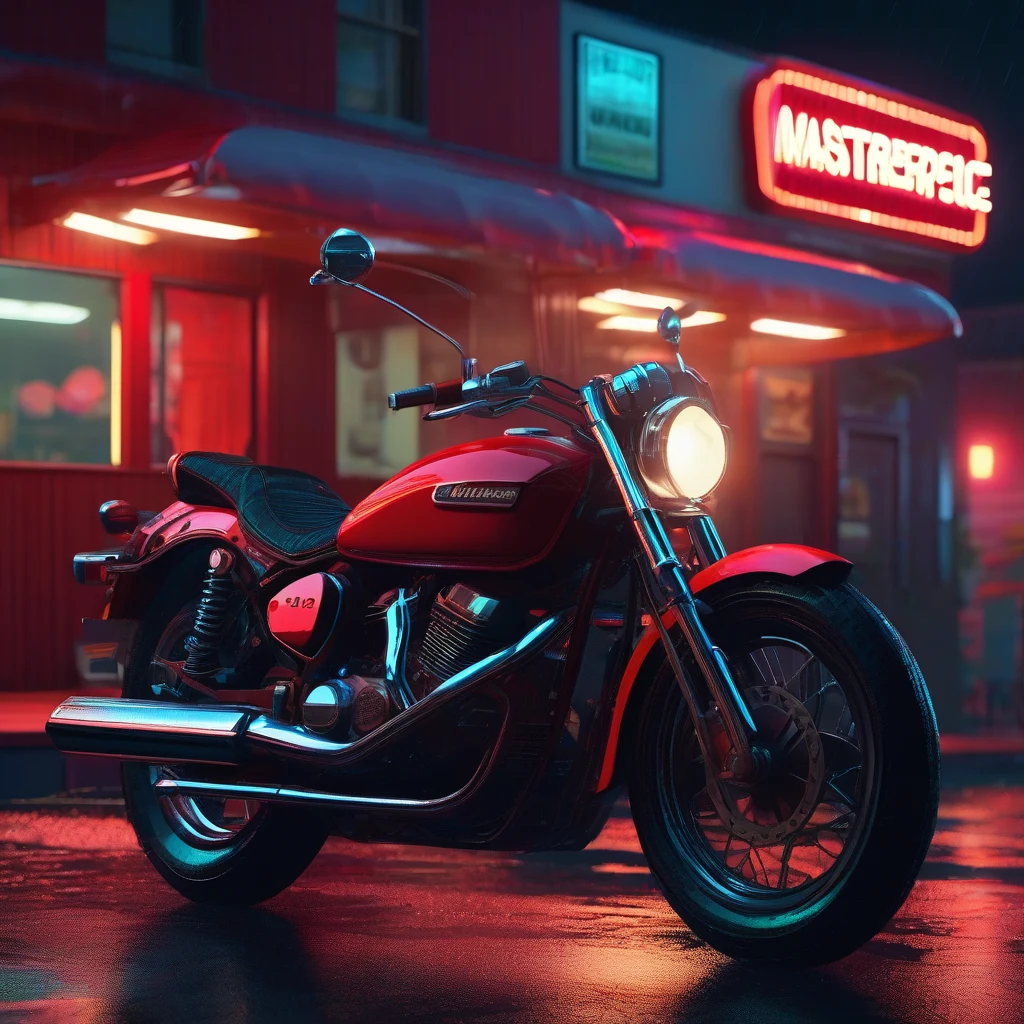 Stable Diffusion XL AI image — a detailed red motorcycle at a neon diner, rendered from the extracted SD tag prompt