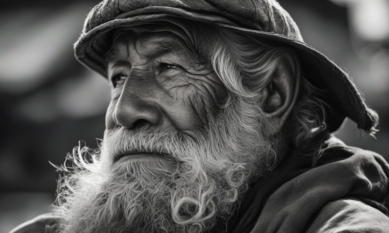 Flux prompt example — black-and-white close-up of a weathered old fisherman in a worn cap, the reference image fed to Flux mode
