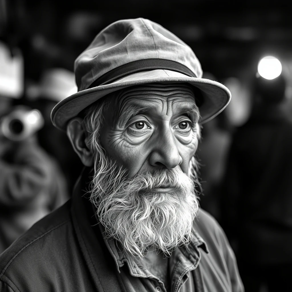 Flux AI image — black-and-white portrait of an old fisherman in a worn cap, rendered by Flux from the descriptive prompt