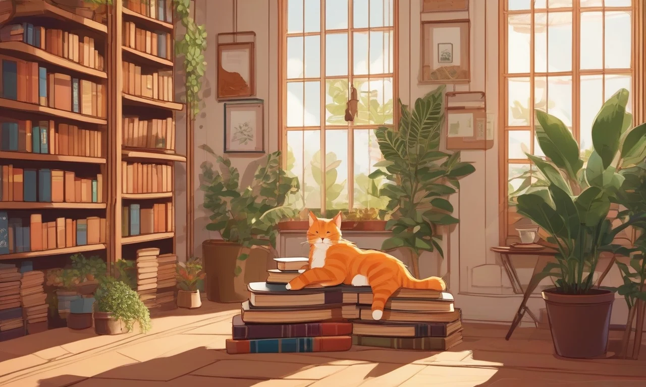 DALL·E 3 prompt example — a cozy bookstore cafe with a ginger cat asleep on books in warm window light, the reference image fed to DALL·E mode