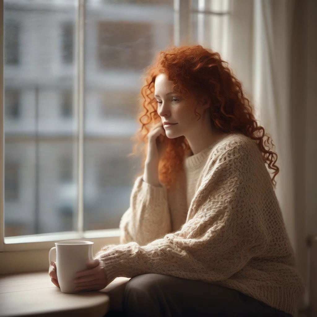Negative prompt example — Stable Diffusion AI portrait of a red-haired woman WITHOUT a negative prompt, showing a slightly malformed hand