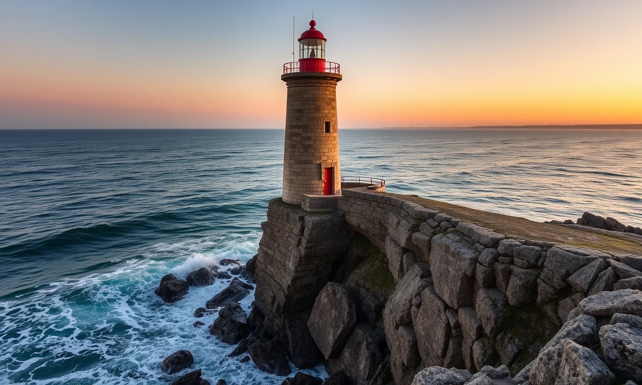 AI image prompt example stage 2 — weathered stone lighthouse with red lantern room on a cliff at dawn, rendered after adding subject detail and setting