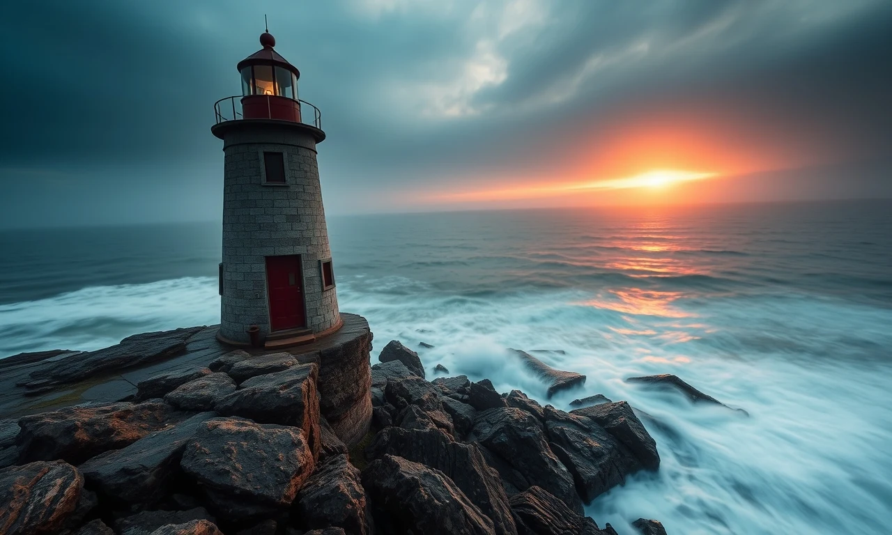 AI image prompt example stage 3 — cinematic lighthouse with golden-hour rim light, sea mist and long-exposure water from the fully layered prompt