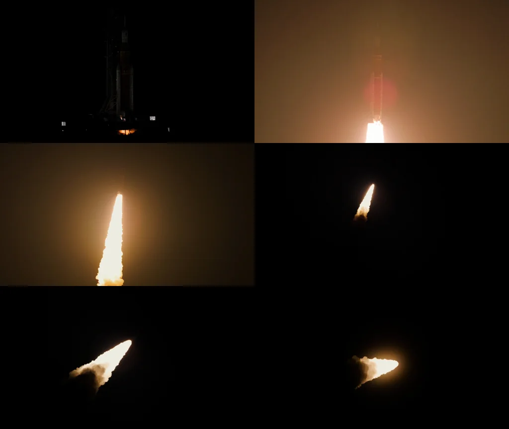 Video to prompt storyboard example — six keyframes of the Artemis I night launch: rocket on the pad, ignition glow, and ascending flame trail