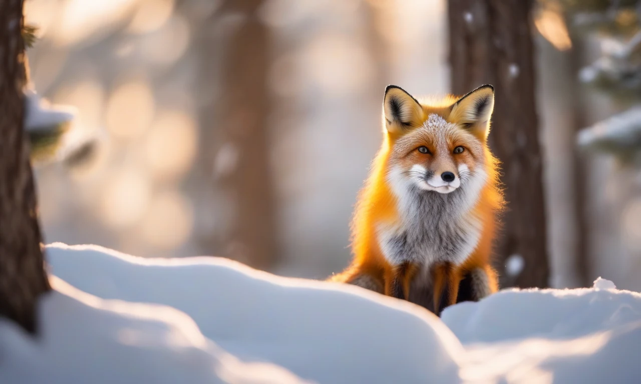 Image to prompt example — a red fox in a snowy pine forest at golden hour, the reference photo fed to the AI image-to-prompt tool
