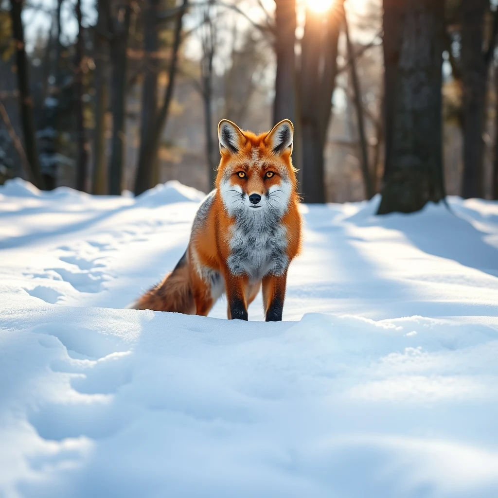 AI image generated from a Flux prompt — a red fox in snowy woods, created from the extracted image-to-prompt output